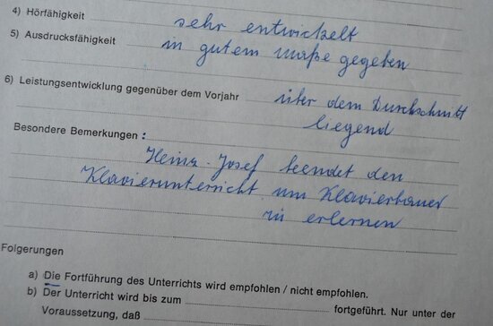 Musikschule Mönchengladbach Klavierzeugnis von Heinz J. Kalscheuer